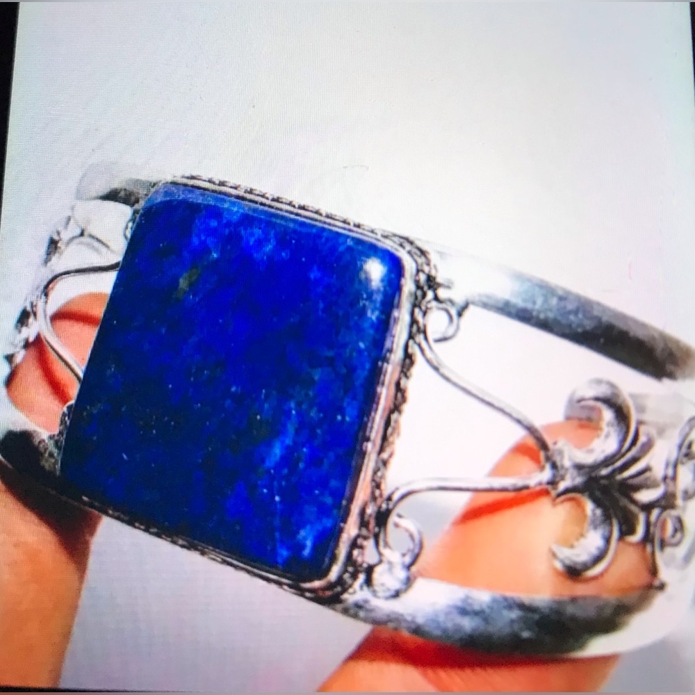 Lapis Lazuli Stamped 925 Sterling Silver Cuff Bracelet